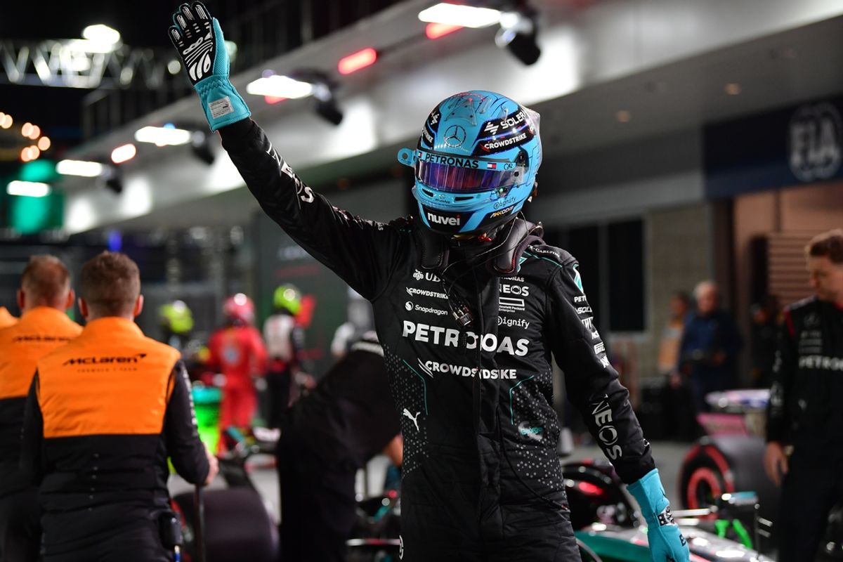 Nov 22, 2024; Las Vegas, Nevada, USA; Mercedes AMG Petronas driver George Russell (63) reacts after winning pole position during qualifying at Las Vegas Circuit. Mandatory Credit: Gary A. Vasquez-Imagn Images