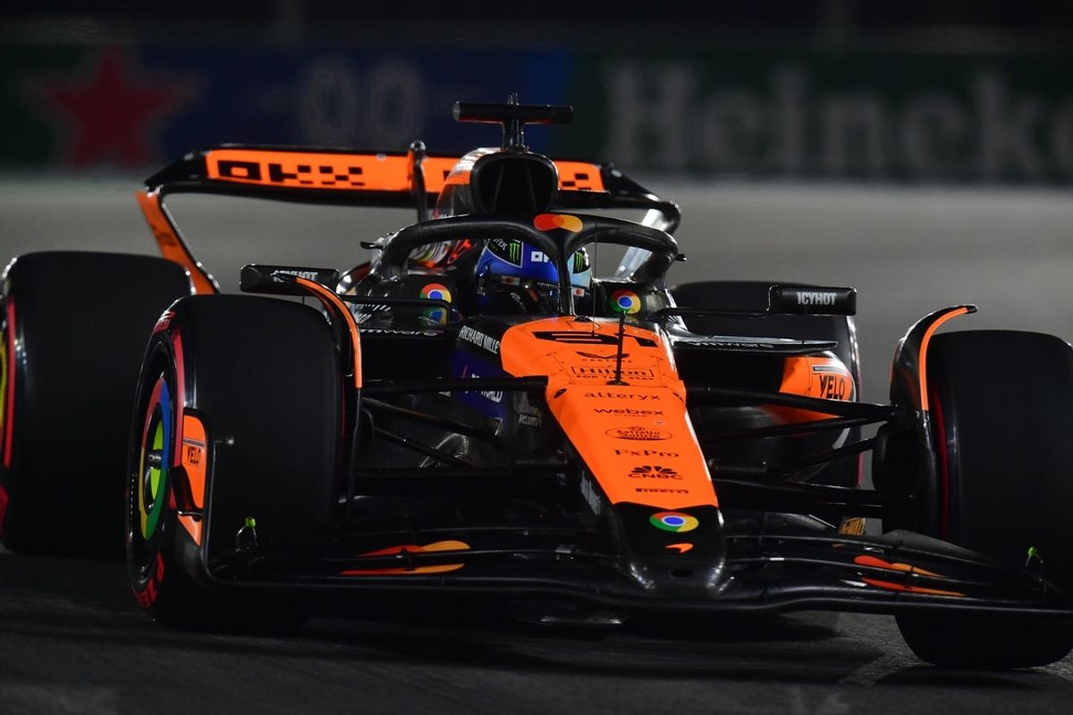 Nov 22, 2024; Las Vegas, Nevada, USA; McLaren Team driver Oscar Piastri (81) during qualifying at Las Vegas Circuit. Mandatory Credit: Gary A. Vasquez-Imagn Images