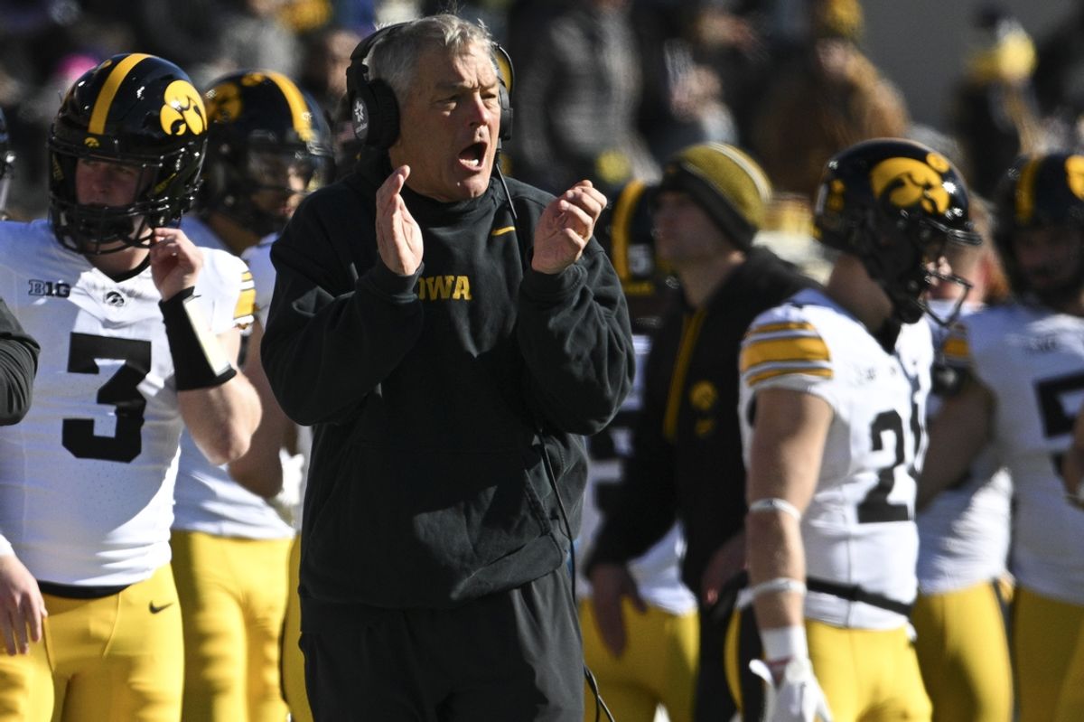 Nov 23, 2024; College Park, Maryland, USA;  Iowa Hawkeyes head coach Kirk Ferentz reacts during the first half against the Maryland Terrapins at SECU Stadium. Mandatory Credit: Tommy Gilligan-Imagn Images