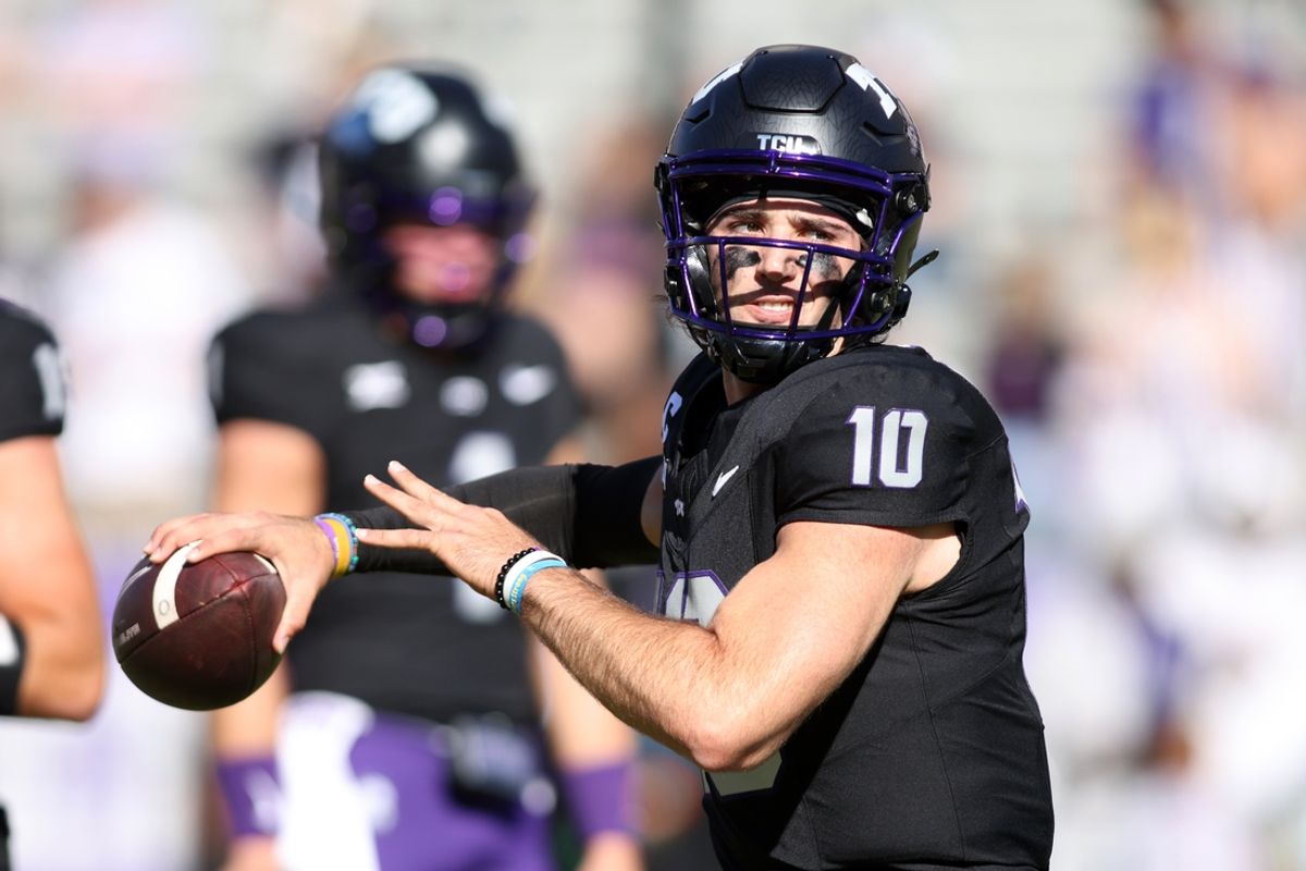 Nov 23, 2024; Fort Worth, Texas, USA; TCU Horned Frogs quarterback Josh Hoover (10) throws a pass before the game against the Arizona Wildcats at Amon G. Carter Stadium. Mandatory Credit: Tim Heitman-Imagn Images