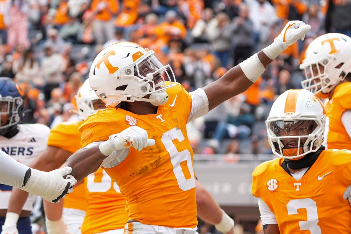 Nov 23, 2024; Knoxville, Tennessee, USA; Tennessee Volunteers running back Dylan Sampson (6) celebrates after scoring a touchdown against the UTEP Miners during the first half at Neyland Stadium. Mandatory Credit: Angelina Alcantar/USA TODAY Network via Imagn Images