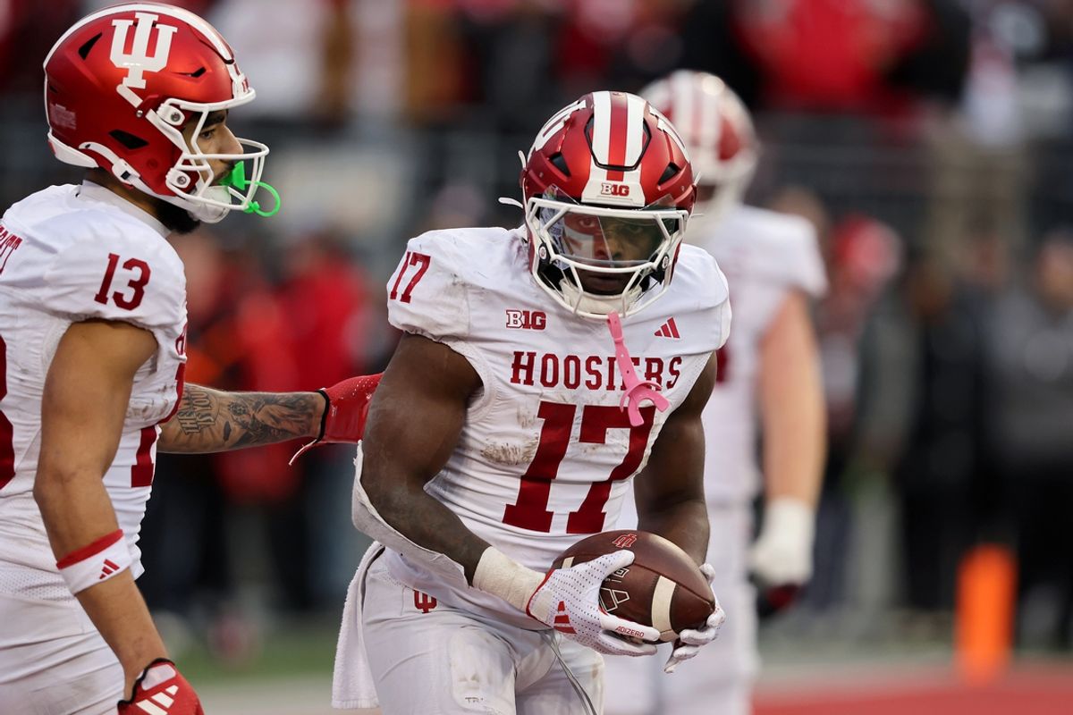 Indiana Hoosiers running back Ty Son Lawton (17) reacts after a touchdown run during the fourth quarter against the Ohio State Buckeyes at Ohio Stadium. Mandatory Credit: Joseph Maiorana-Imagn Images