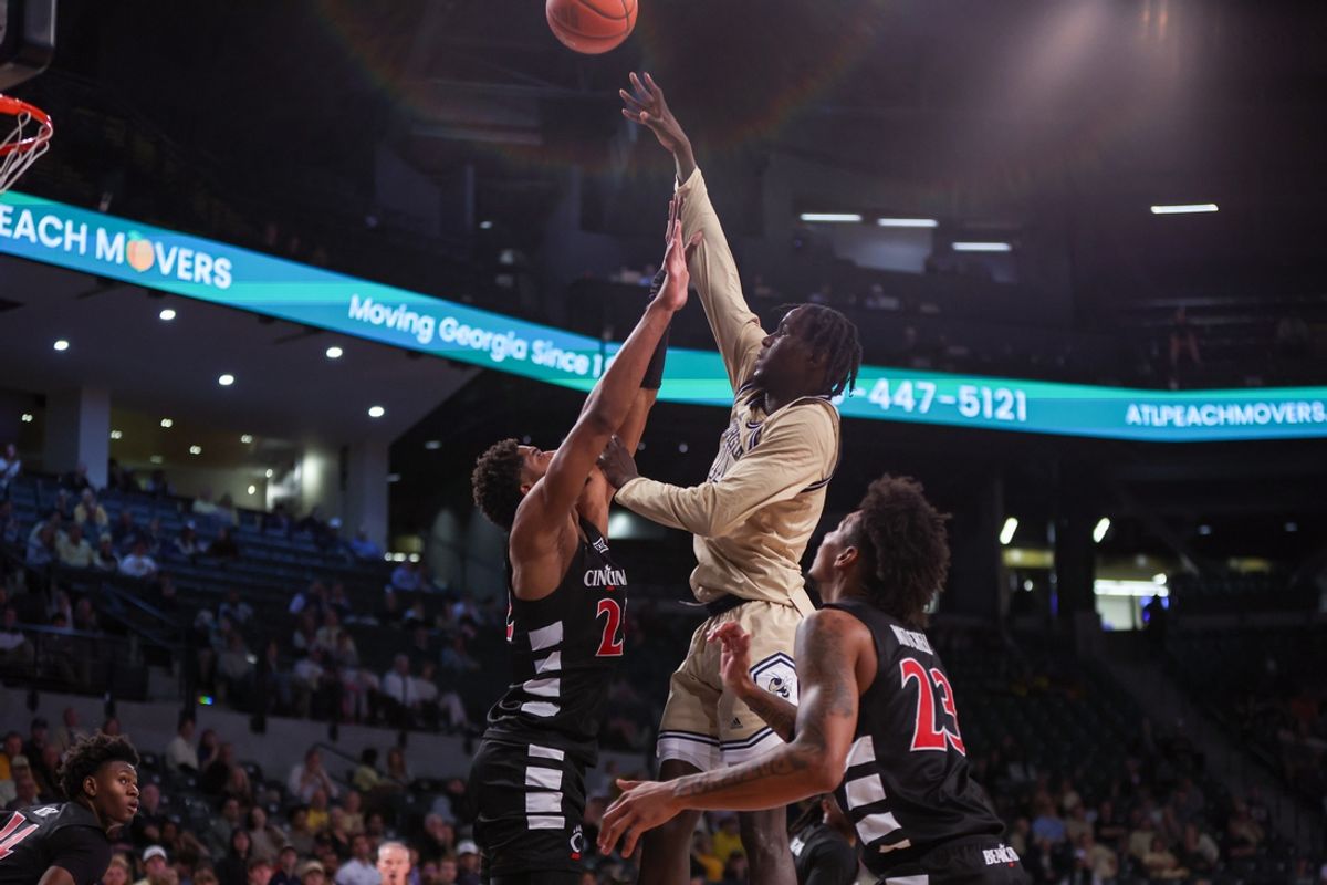 Nov 23, 2024; Atlanta, Georgia, USA; Georgia Tech Yellow Jackets forward Baye Ndongo (11) shoots against the Cincinnati Bearcats in the second half at McCamish Pavilion. Mandatory Credit: Brett Davis-Imagn Images