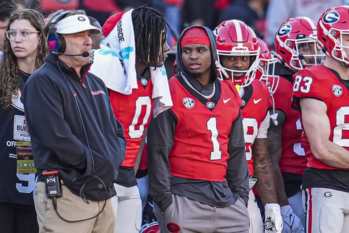 Nov 23, 2024; Athens, Georgia, USA; Georgia Bulldogs running back Trevor Etienne (1) shown on the sideline against the Massachusetts Minutemen during the second half at Sanford Stadium. Mandatory Credit: Dale Zanine-Imagn Images