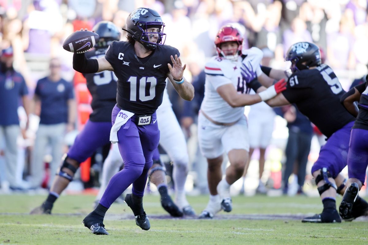 Nov 23, 2024; Fort Worth, Texas, USA; TCU Horned Frogs quarterback Josh Hoover (10) throws a pass against the Arizona Wildcats in the second quarter at Amon G. Carter Stadium. Mandatory Credit: Tim Heitman-Imagn Images