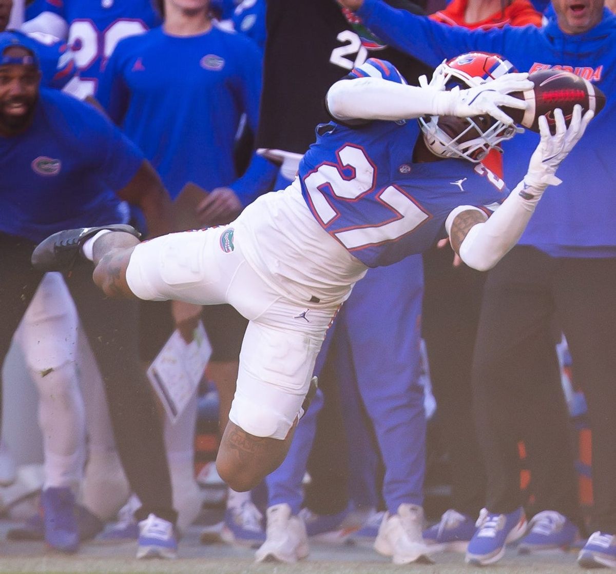 Florida Gators defensive back Dijon Johnson (27) intercepts the ball but was called back during the second half at Ben Hill Griffin Stadium in Gainesville, FL on Saturday, November 23, 2024. The Gators defeated the Rebels 24-17 [Doug Engle/Gainesville Sun]