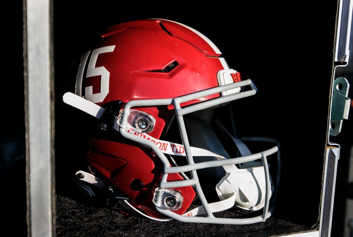 Nov 23, 2024; Norman, Oklahoma, USA; Alabama Crimson Tide helmet prior to a game against the Oklahoma Sooners at Gaylord Family-Oklahoma Memorial Stadium. Mandatory Credit: William Purnell-Imagn Images