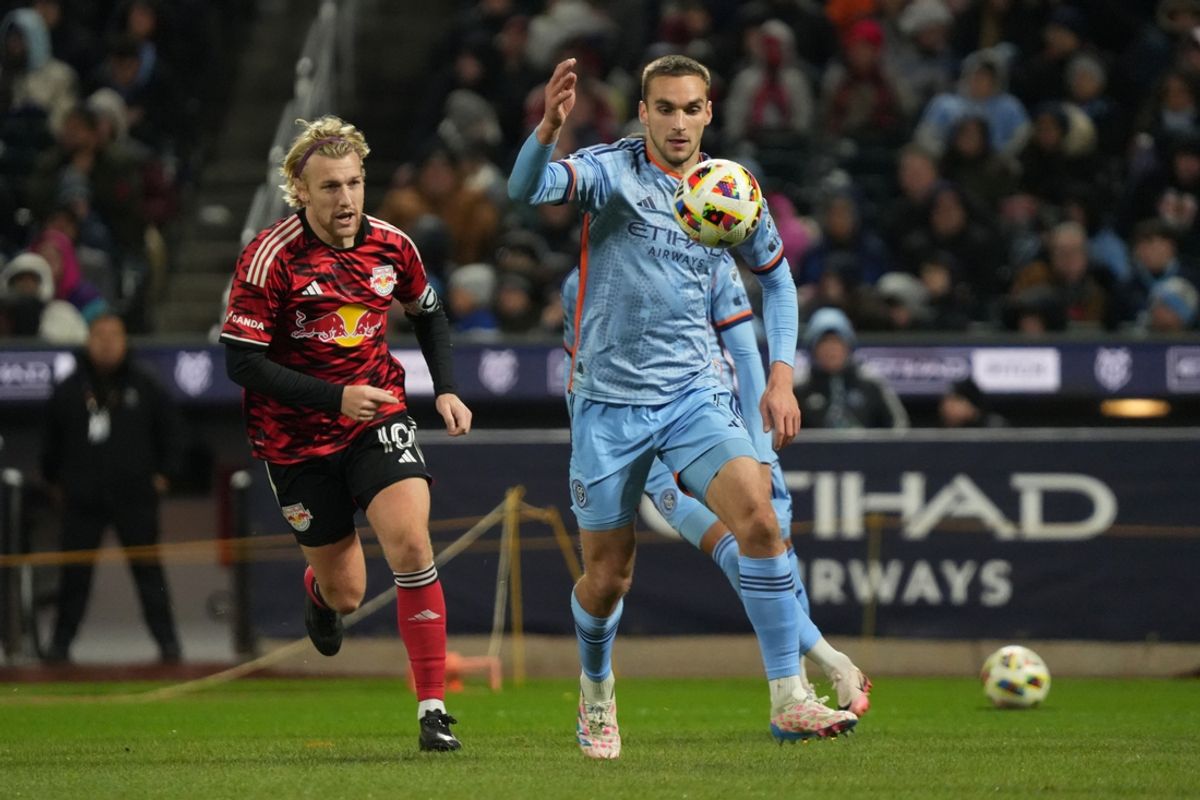 Nov 23, 2024; Queens, New York, USA; New York City FC midfielder James Sands (6) plays the ball in the second half against the New York Red Bulls in a 2024 MLS Cup eastern conference semifinal match at Citi Field. Mandatory Credit: Lucas Boland-Imagn Images