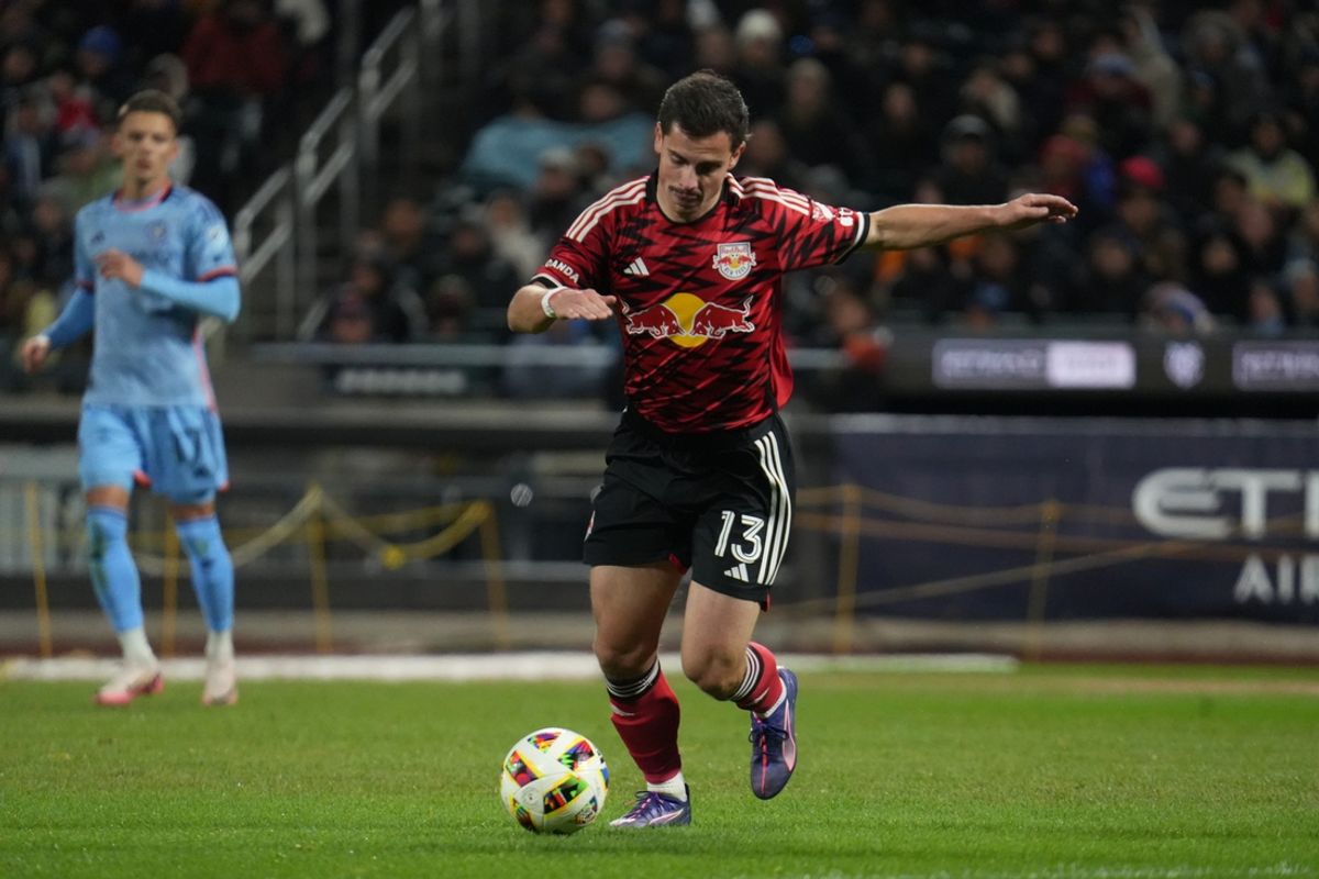 Nov 23, 2024; Queens, New York, USA; New York Red Bulls forward Dante Vanzeir (13) reacts in the second half against the New York City FC in a 2024 MLS Cup eastern conference semifinal match at Citi Field. Mandatory Credit: Lucas Boland-Imagn Images