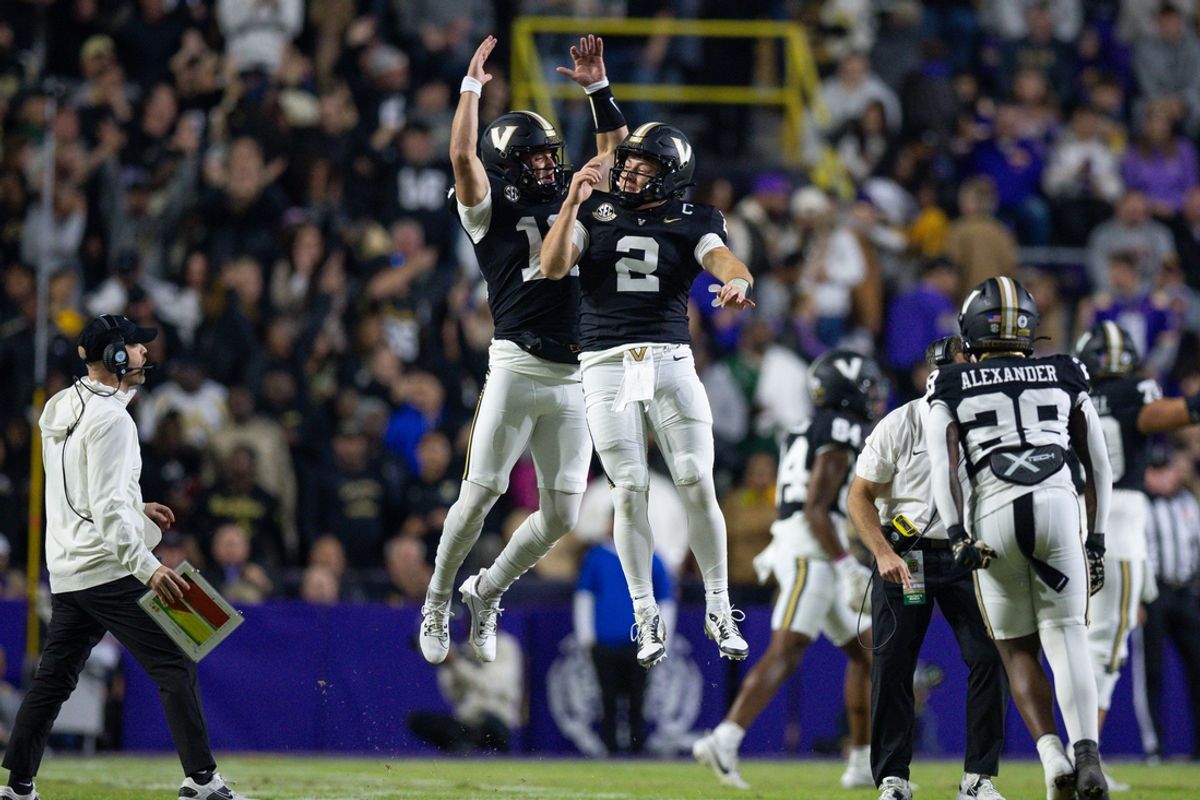 Vanderbilt Commodores quarterback Diego Pavia (2) reacts to throwing a touchdown pass against the LSU Tigers during the first half at Tiger Stadium. Mandatory Credit: Stephen Lew-Imagn Images