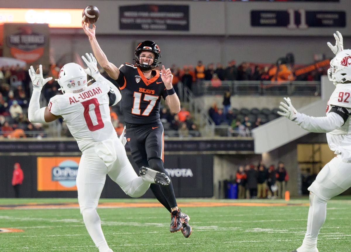 Nov 23, 2024; Corvallis, Oregon, USA; Oregon State Beavers quarterback Ben Gulbranson (17) throws during the second quarter against the Washington State Cougars at Reser Stadium. Mandatory Credit: Craig Strobeck-Imagn Images