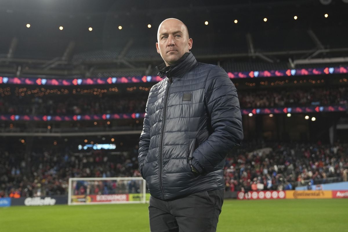 Nov 23, 2024; Queens, New York, USA; New York City FC head coach Nick Cushing leaves the pitch after being defeated by the New York Red Bulls in a 2024 MLS Cup eastern conference semifinal match at Citi Field. Mandatory Credit: Lucas Boland-Imagn Images