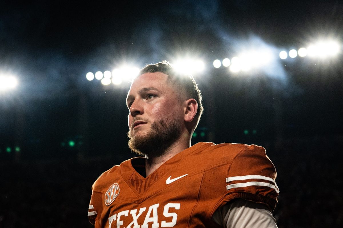 Texas Longhorns quarterback Quinn Ewers (3) looks over at the student section after the Longhorns' game against the Kentucky Wildcats at Darrell K Royal Texas Memorial Stadium in Austin, Nov. 23, 2024.