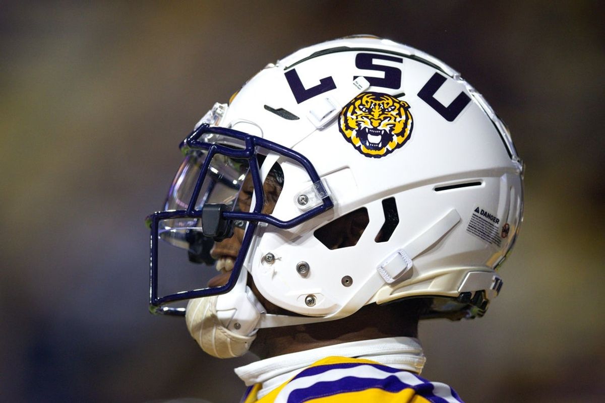 Nov 23, 2024; Baton Rouge, Louisiana, USA;  Detailed view of the LSU Tigers helmet against the Vanderbilt Commodores during the first half at Tiger Stadium. Mandatory Credit: Stephen Lew-Imagn Images