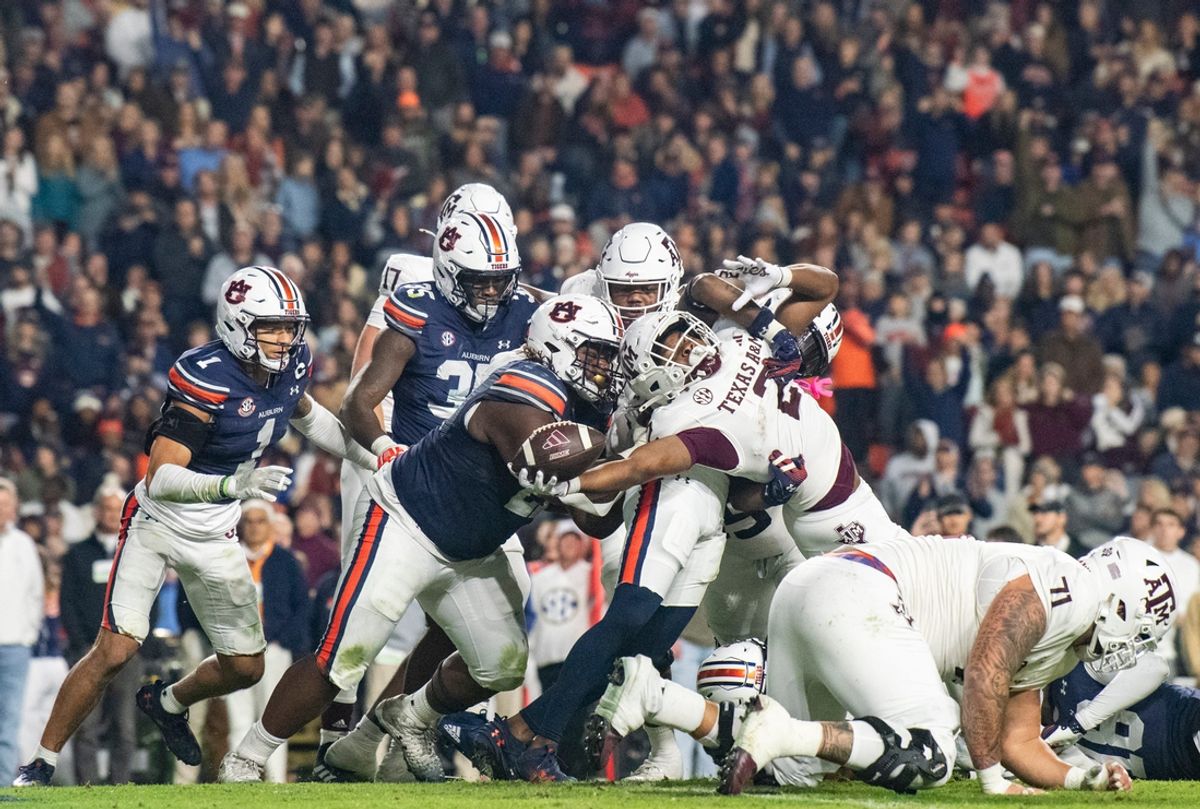 Texas A&M Aggies running back Rueben Owens (2) reaches across the goal line for a touchdown as Auburn Tigers take on Texas A&M Aggies at Jordan-Hare Stadium in Auburn, Ala., on Saturday, Sept. 7, 2024. Auburn Tigers lead Texas A&M Aggies 21-7 at halftime.