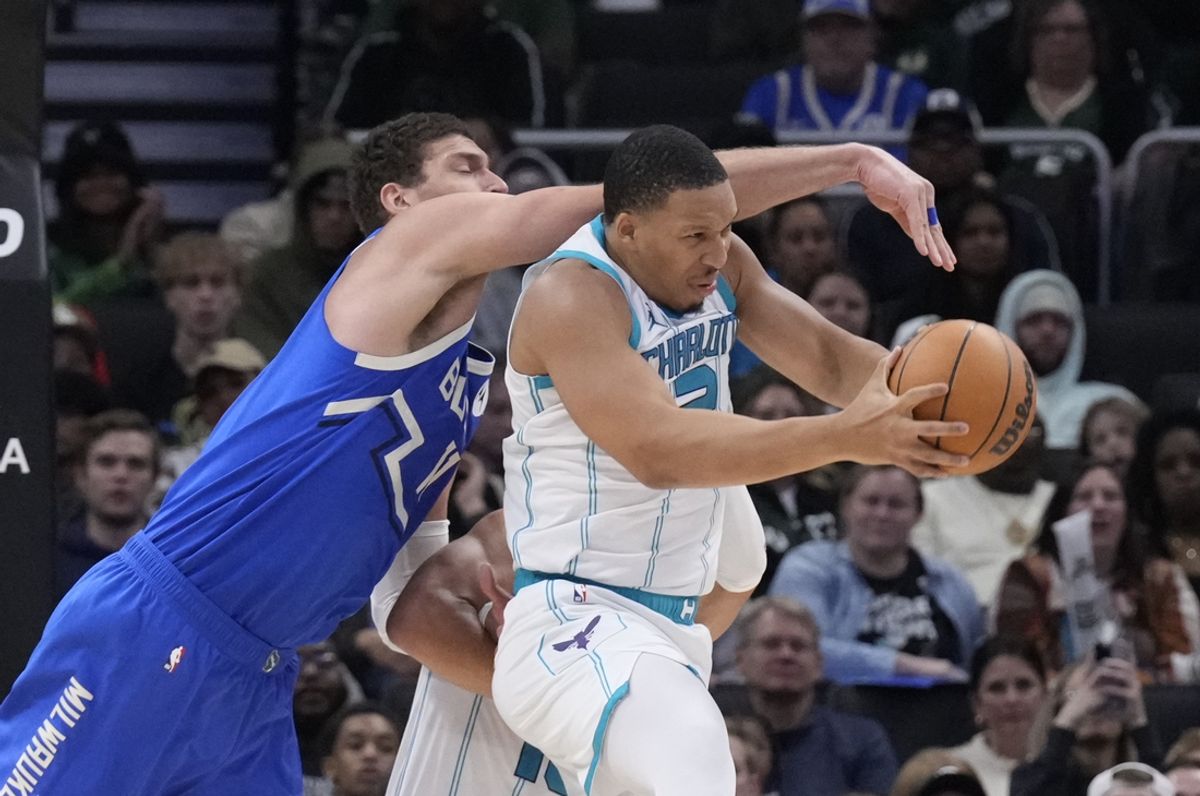 Nov 23, 2024; Milwaukee, Wisconsin, USA; Milwaukee Bucks center Brook Lopez (11) and Charlotte Hornets forward Grant Williams (2) battle for a rebound in the second half at Fiserv Forum. Mandatory Credit: Michael McLoone-Imagn Images