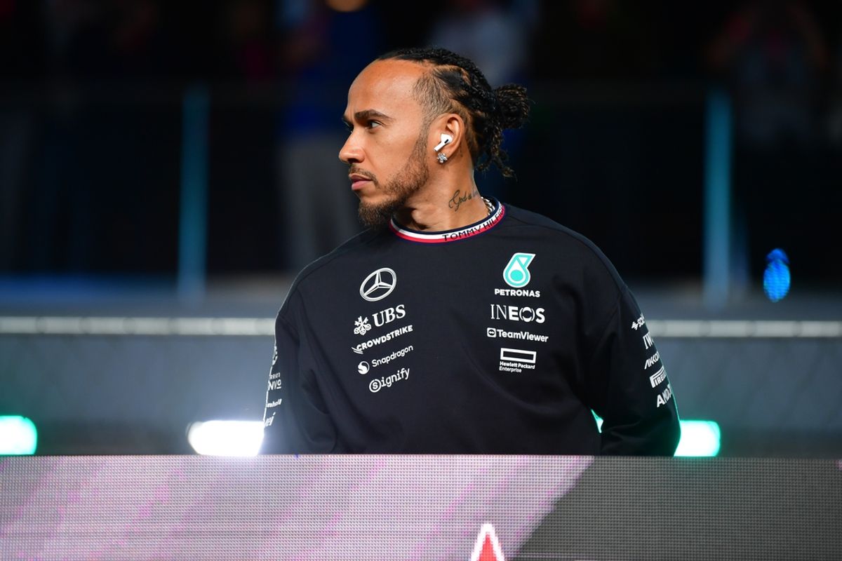 Nov 23, 2024; Las Vegas, Nevada, USA; Mercedes AMG Petronas driver Lewis Hamilton (44) is introduced before the Las Vegas Grand Prix at Las Vegas Circuit. Mandatory Credit: Gary A. Vasquez-Imagn Images