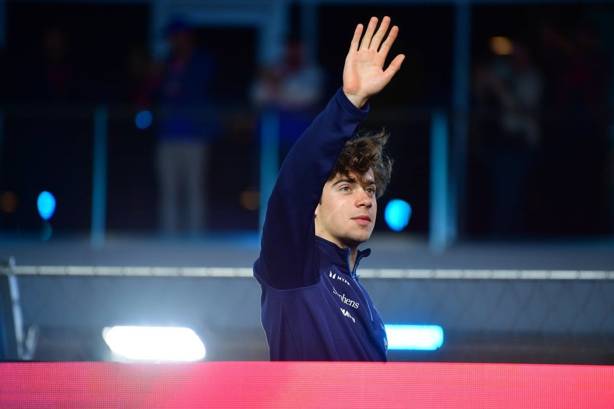 Nov 23, 2024; Las Vegas, Nevada, USA; Williams Racing driver Franco Colapinto (43) is introduced before the Las Vegas Grand Prix at Las Vegas Circuit. Mandatory Credit: Gary A. Vasquez-Imagn Images