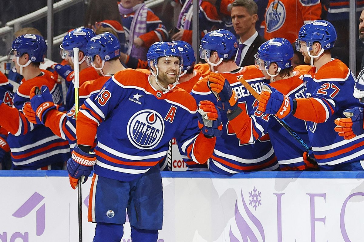 Nov 23, 2024; Edmonton, Alberta, CAN; Edmonton Oilers forward Leon Draisaitl (29) celebrates after scoring a goal during the second period against the New York Rangers at Rogers Place. Mandatory Credit: Perry Nelson-Imagn Images