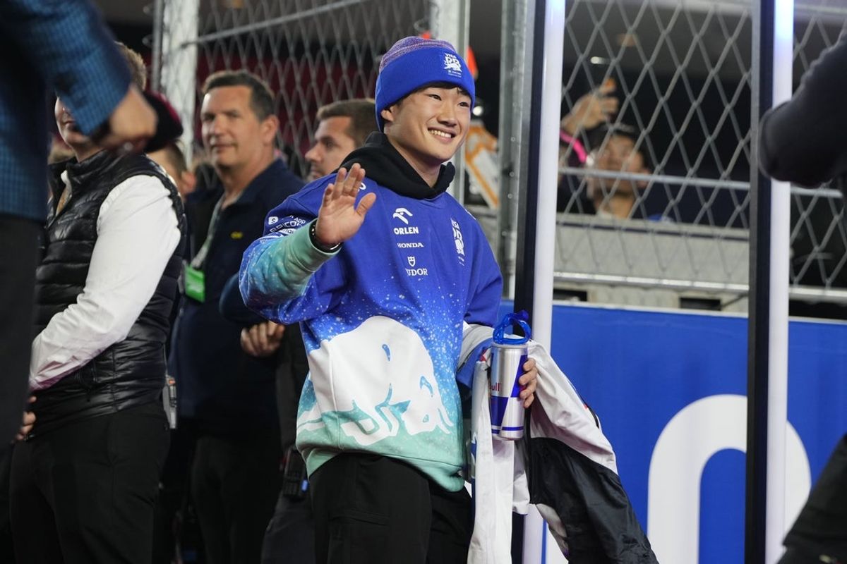 Nov 23, 2024; Las Vegas, Nevada, USA; Visa Cash App RB Formula One Team driver Yuki Tsunoda of Japan (22) arrives for the Las Vegas Grand Prix drivers parade at the Las Vegas Circuit. Mandatory Credit: Lucas Peltier-Imagn Images