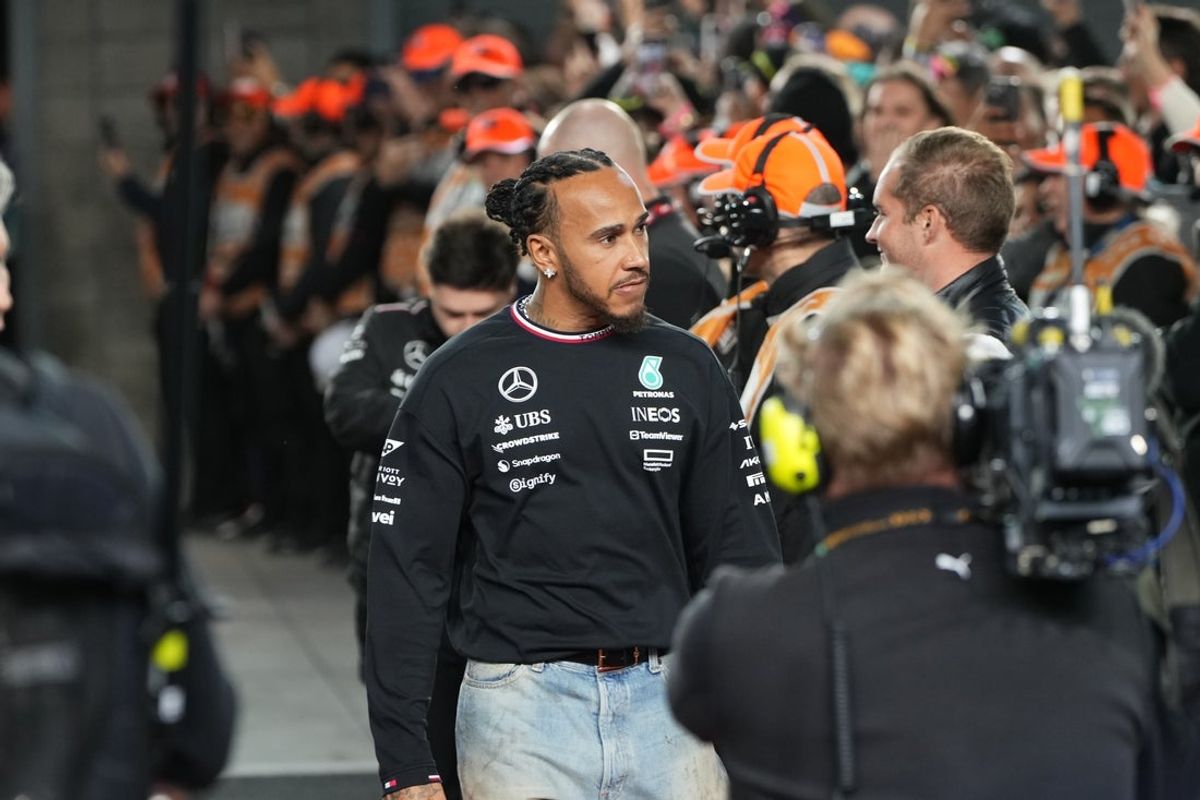 Nov 23, 2024; Las Vegas, Nevada, USA; Mercedes AMG Petronas F1 Team driver Lewis Hamilton of Great Britain (44) arrives for the Las Vegas Grand Prix drivers parade at the Las Vegas Circuit. Mandatory Credit: Lucas Peltier-Imagn Images
