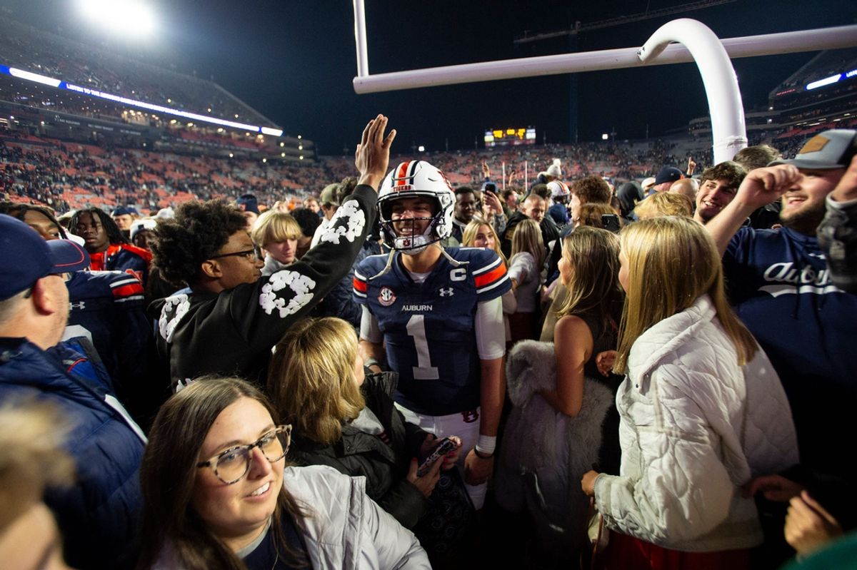 Auburn Tigers quarterback Payton Thorne (1) makes his way off the field after the game as Auburn Tigers take on Texas A&M Aggies at Jordan-Hare Stadium in Auburn, Ala., on Saturday, Sept. 7, 2024. Auburn Tigers defeated Texas A&M Aggies 43-41 in fourth overtime.