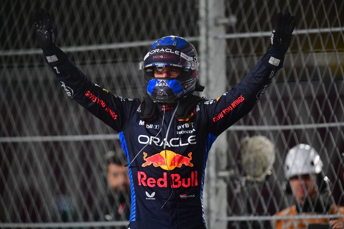 Nov 23, 2024; Las Vegas, Nevada, USA;  Oracle Red Bull Racing driver Max Verstappen (1)  celebrates his championship victory following the Las Vegas Grand Prix at Las Vegas Circuit. Mandatory Credit: Gary A. Vasquez-Imagn Images