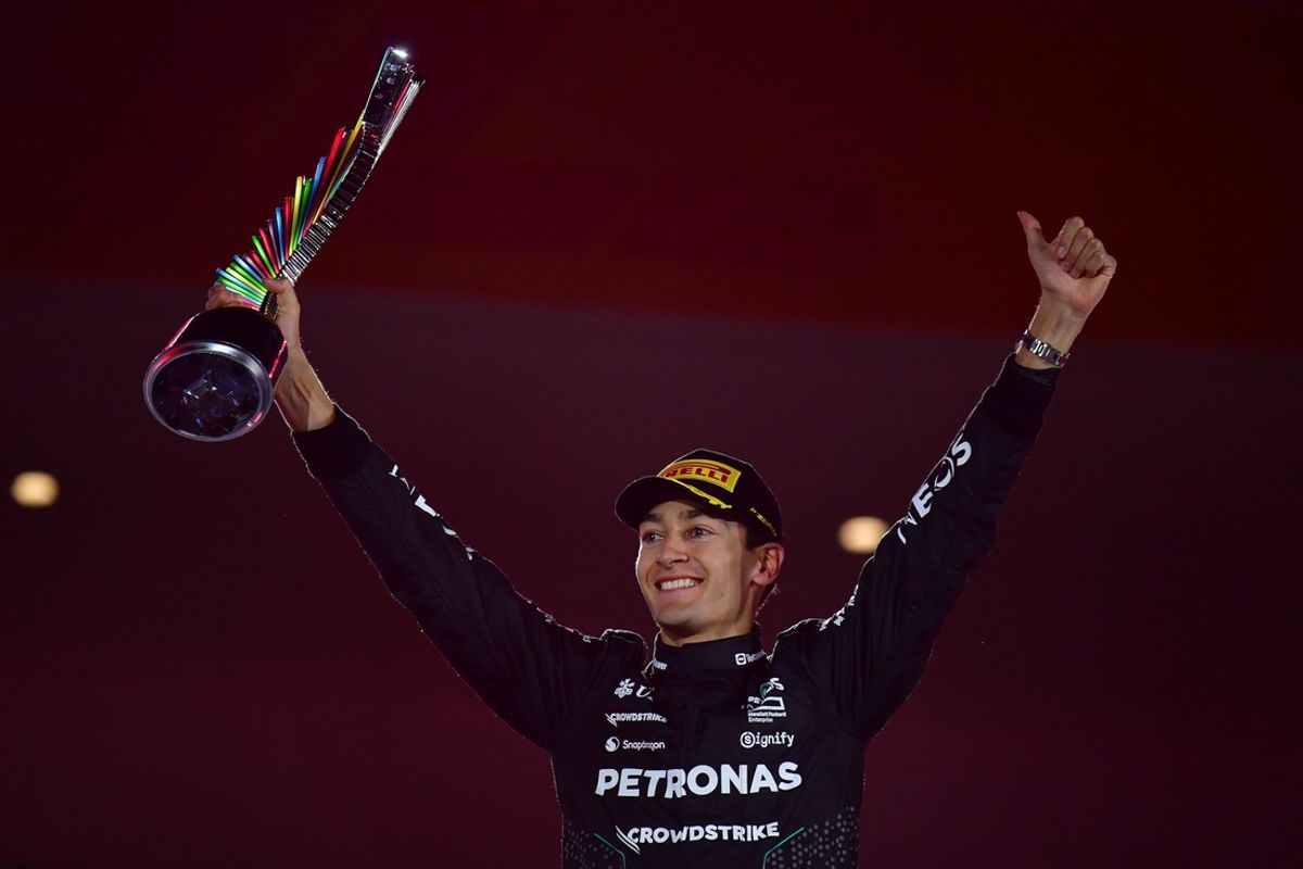 Nov 23, 2024; Las Vegas, Nevada, USA; Mercedes AMG Petronas driver George Russell (63) celebrates his race victory of the Las Vegas Grand Prix at Las Vegas Circuit. Mandatory Credit: Gary A. Vasquez-Imagn Images