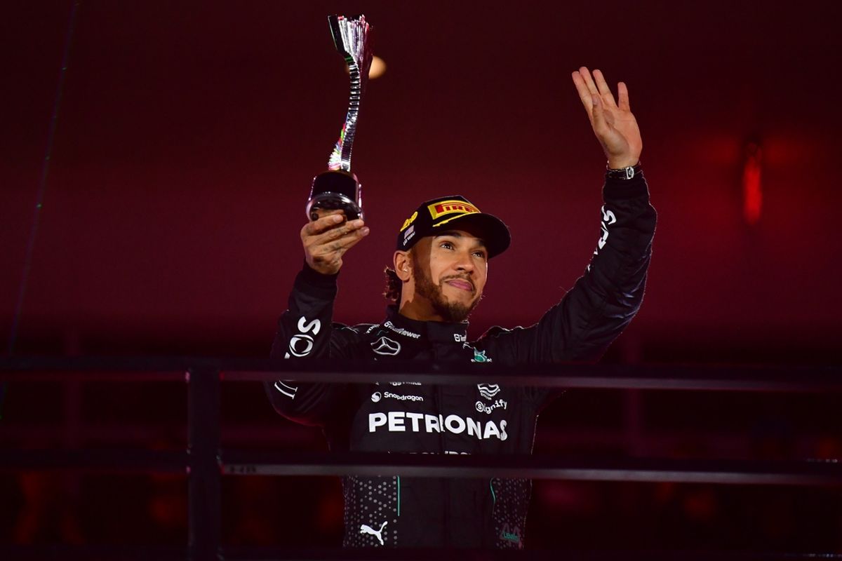 Nov 23, 2024; Las Vegas, Nevada, USA; Mercedes AMG Petronas driver Lewis Hamilton (44) celebrates after placing second in the Las Vegas Grand Prix at Las Vegas Circuit. Mandatory Credit: Gary A. Vasquez-Imagn Images