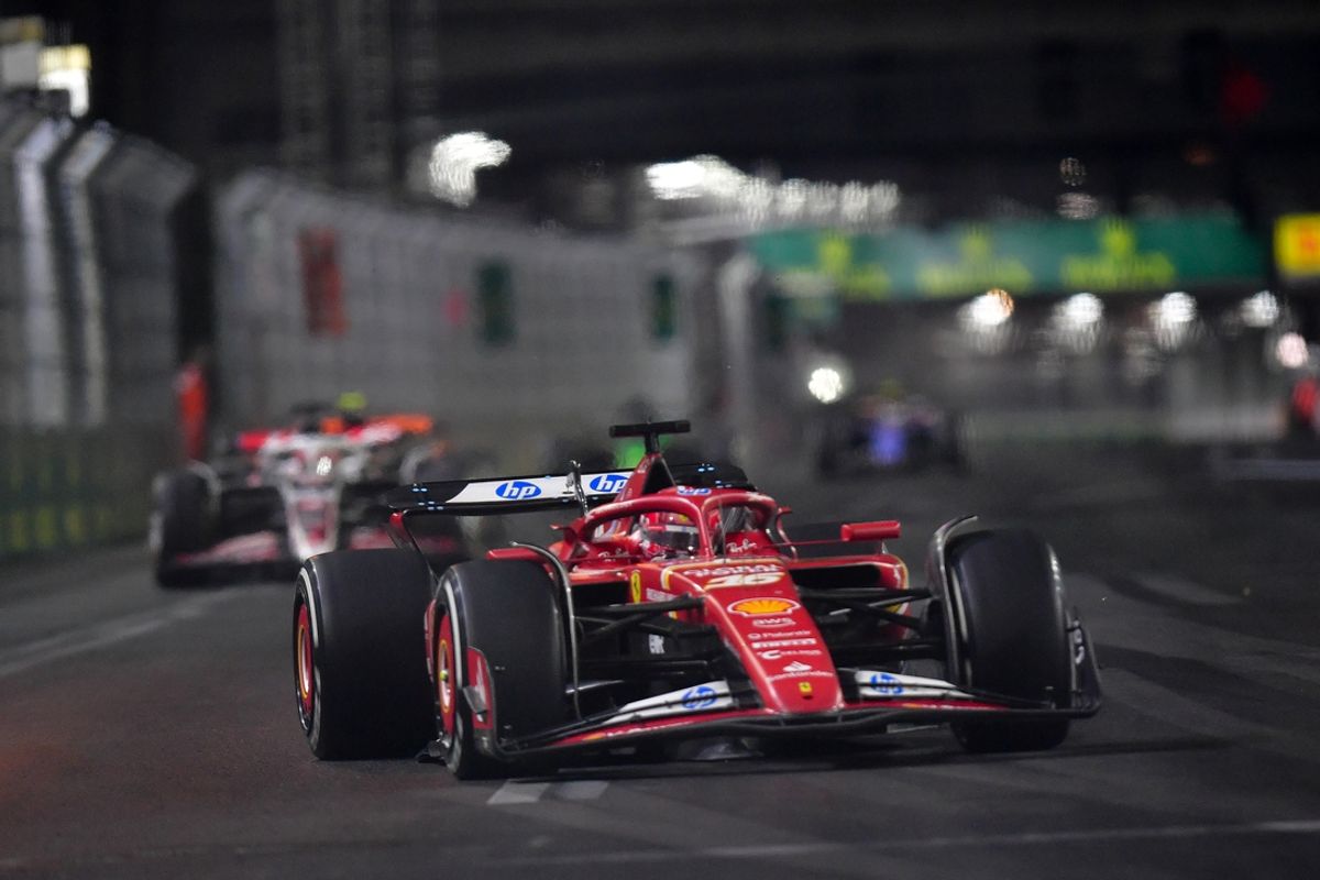 Nov 23, 2024; Las Vegas, Nevada, USA; Scuderia Ferrari driver Charles Leclerc (16) during the Las Vegas Grand Prix at Las Vegas Circuit. Mandatory Credit: Gary A. Vasquez-Imagn Images