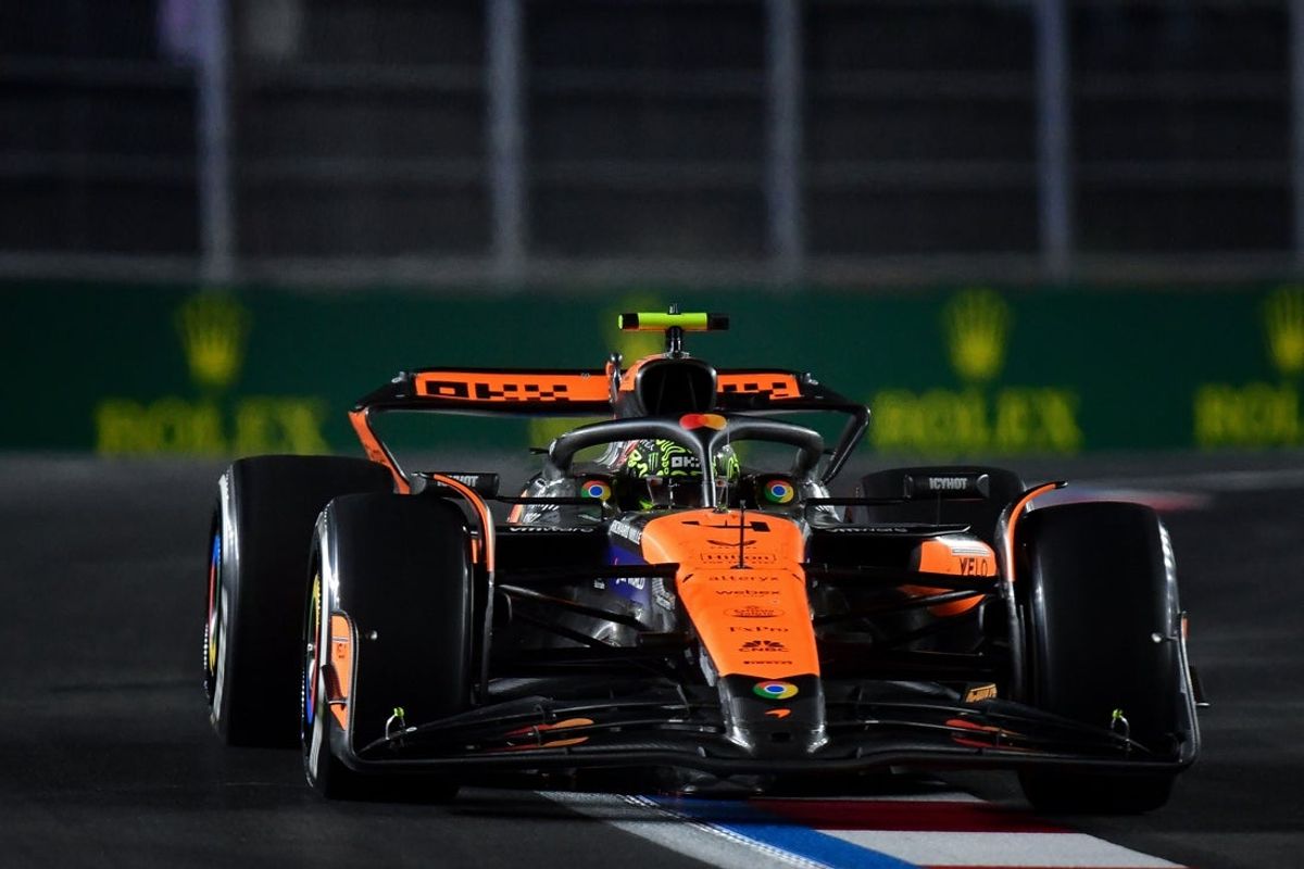 Nov 23, 2024; Las Vegas, Nevada, USA; McLaren driver Lando Norris (4) during the Las Vegas Grand Prix at Las Vegas Circuit. Mandatory Credit: Gary A. Vasquez-Imagn Images