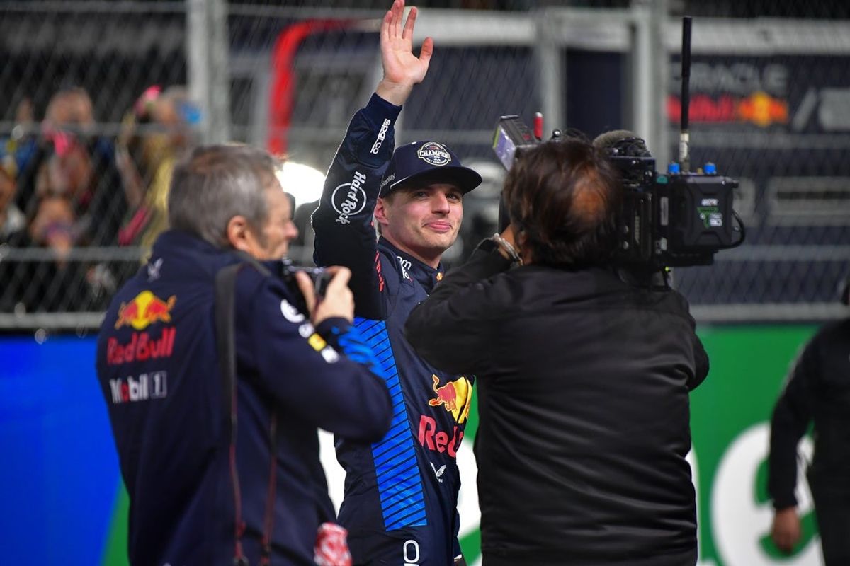 Nov 23, 2024; Las Vegas, Nevada, USA; Oracle Red Bull Racing driver Max Verstappen (1) celebrates his world drivers championship victory following the Las Vegas Grand Prix at Las Vegas Circuit. Mandatory Credit: Gary A. Vasquez-Imagn Images