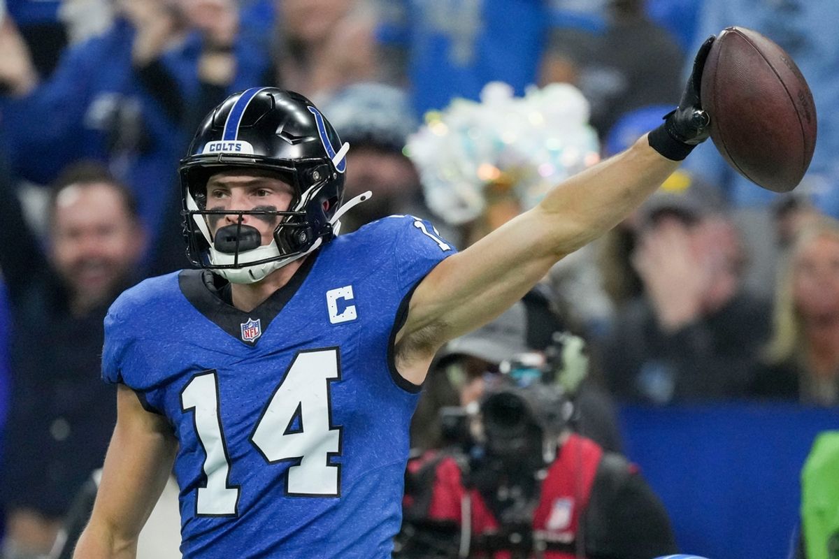 Indianapolis Colts wide receiver Alec Pierce (14) celebrates after making a catch Sunday, Nov. 24, 2024, during a game against the Detroit Lions at Lucas Oil Stadium in Indianapolis.