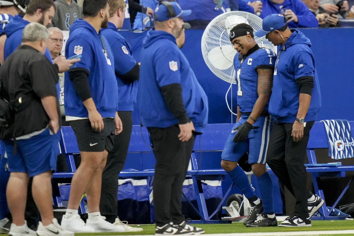 Nov 24, 2024; Indianapolis, Indiana, USA; Indianapolis Colts wide receiver Josh Downs (1) walks on the sideline following an injury during a game against the Detroit Lions at Lucas Oil Stadium. Mandatory Credit: Christine Tannous/USA TODAY Network via Imagn Images