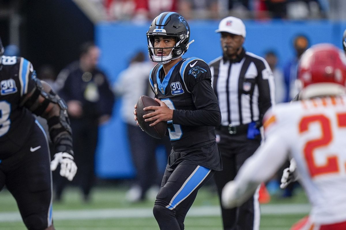 Nov 24, 2024; Charlotte, North Carolina, USA; Carolina Panthers quarterback Bryce Young (9) drops back to pass against the Kansas City Chiefs during the second half at Bank of America Stadium. Mandatory Credit: Jim Dedmon-Imagn Images