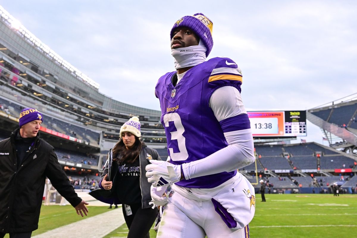 Nov 24, 2024; Chicago, Illinois, USA; Minnesota Vikings wide receiver Jordan Addison (3) exits the field after the game against the Chicago Bears at Soldier Field. Mandatory Credit: Daniel Bartel-Imagn Images