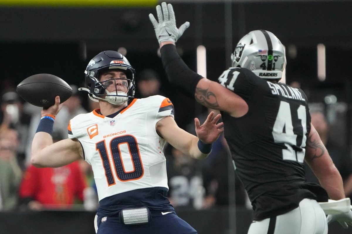 Nov 24, 2024; Paradise, Nevada, USA; Denver Broncos quarterback Bo Nix (10) throws the ball against Las Vegas Raiders linebacker Robert Spillane (41) in the first quarter at Allegiant Stadium. Mandatory Credit: Kirby Lee-Imagn Images
