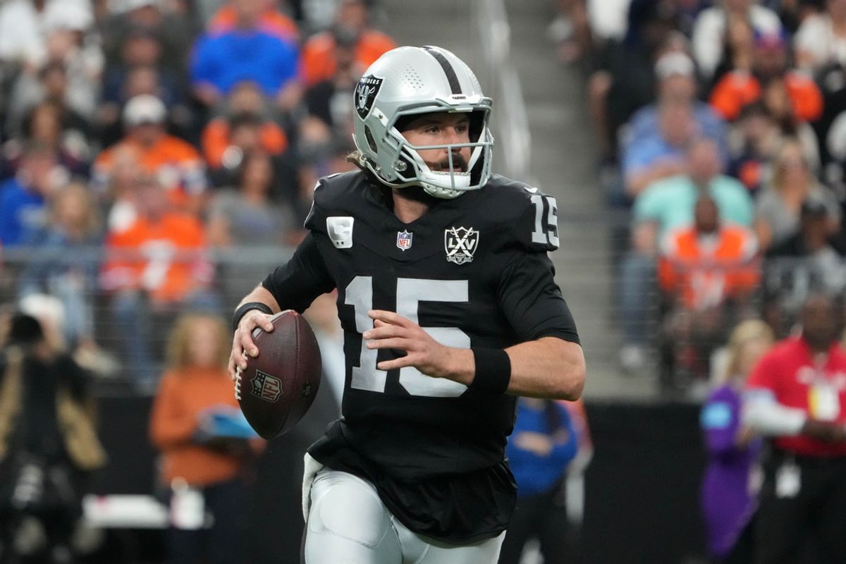 Nov 24, 2024; Paradise, Nevada, USA; Las Vegas Raiders quarterback Gardner Minshew (15) throws the ball against the Denver Broncos in the first half at Allegiant Stadium. Mandatory Credit: Kirby Lee-Imagn Images