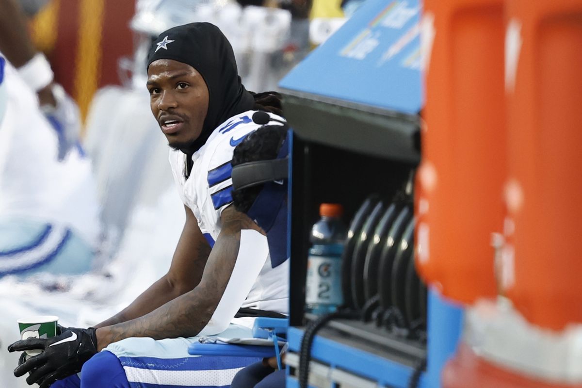 Nov 24, 2024; Landover, Maryland, USA; Dallas Cowboys wide receiver KaVontae Turpin (9) sits on the bench after returning a kickoff for a touchdown against the Washington Commanders during the fourth quarter at Northwest Stadium. Mandatory Credit: Geoff Burke-Imagn Images