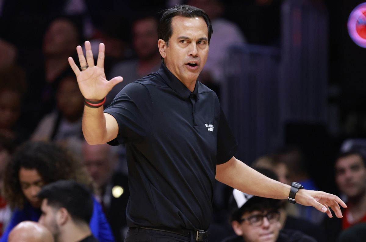 Nov 24, 2024; Miami, Florida, USA;  Miami Heat head coach Erik Spoelstra reacts against the Dallas Mavericks during the first half  at Kaseya Center. Mandatory Credit: Rhona Wise-Imagn Images