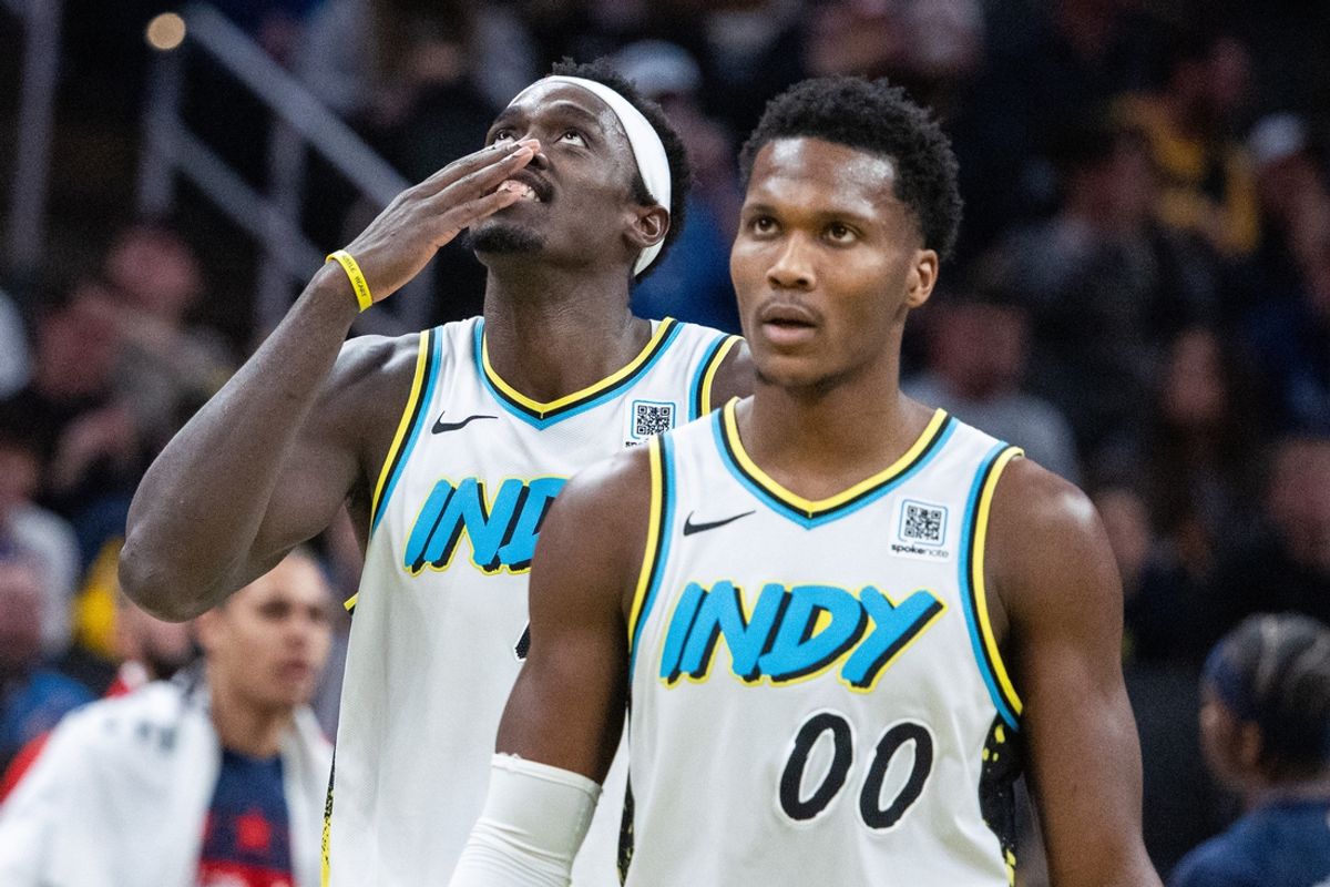 Nov 24, 2024; Indianapolis, Indiana, USA; Indiana Pacers forward Pascal Siakam (43) celebrates a made basket in the second half against the Washington Wizards at Gainbridge Fieldhouse. Mandatory Credit: Trevor Ruszkowski-Imagn Images