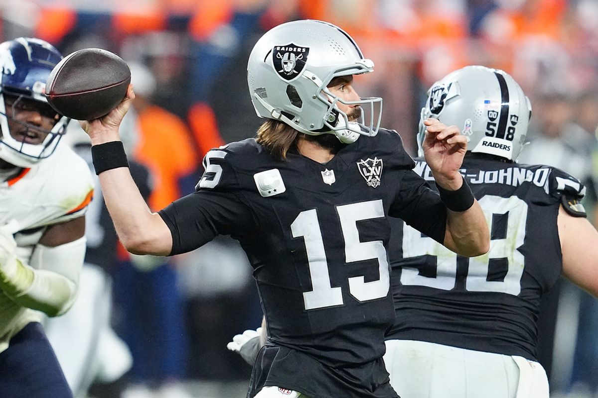 Nov 24, 2024; Paradise, Nevada, USA; Las Vegas Raiders quarterback Gardner Minshew (15) looks to throw against the Denver Broncos during the fourth quarter at Allegiant Stadium. Mandatory Credit: Stephen R. Sylvanie-Imagn Images