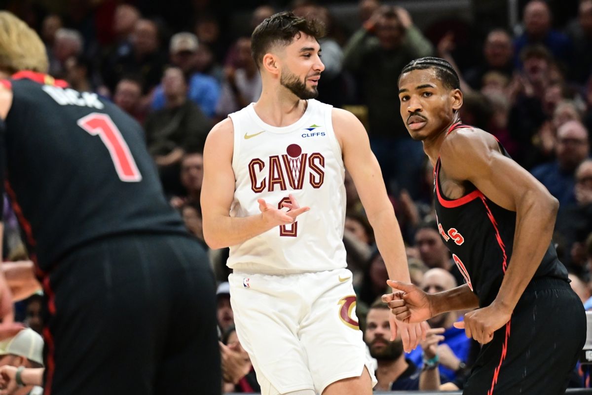 Cleveland Cavaliers guard Ty Jerome (2) celebrates after hitting a three point basket during the first half against the Toronto Raptors at Rocket Mortgage FieldHouse. Mandatory Credit: Ken Blaze-Imagn Images