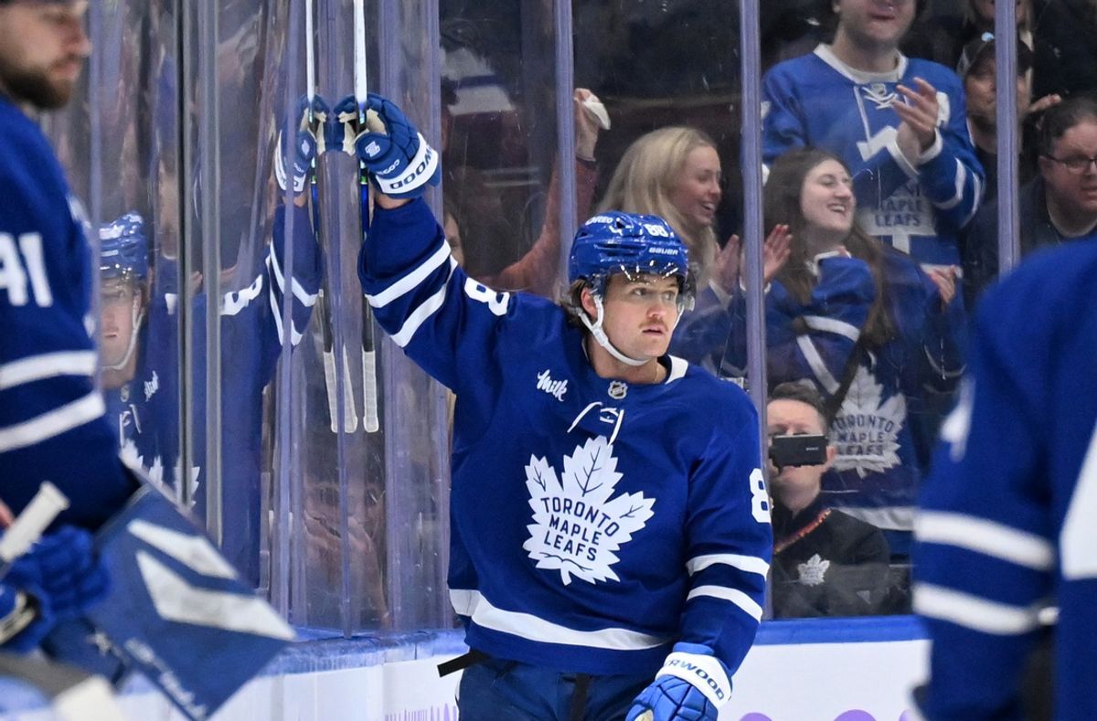 Nov 24, 2024; Toronto, Ontario, CAN;  Toronto Maple Leafs forward William Nylander (88) celebrates after scoring a goal against the Utah Hockey Club in the second period at Scotiabank Arena. Mandatory Credit: Dan Hamilton-Imagn Images