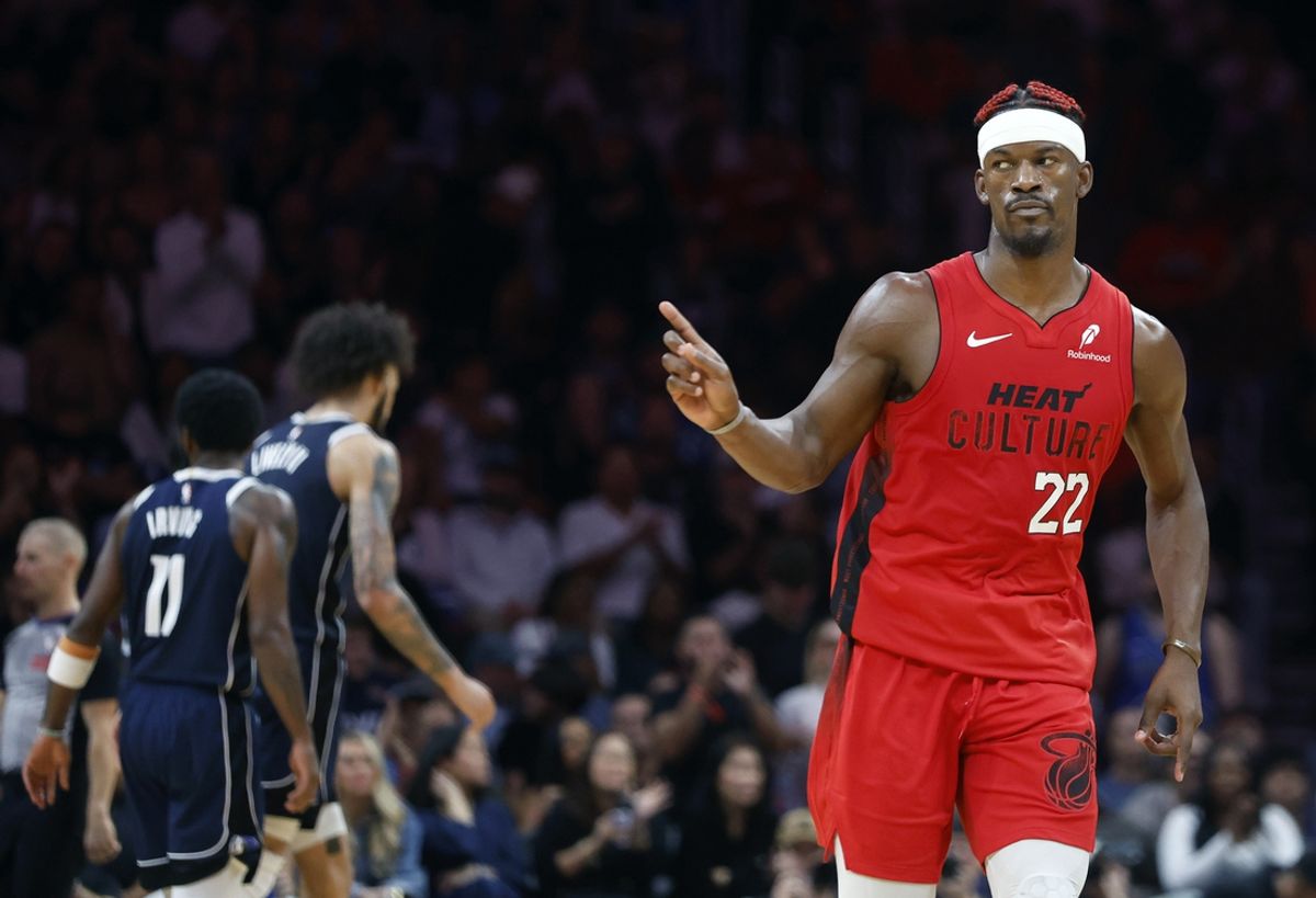Nov 24, 2024; Miami, Florida, USA;  Miami Heat forward Jimmy Butler (22) reacts against the Dallas Mavericks during the second half  at Kaseya Center. Mandatory Credit: Rhona Wise-Imagn Images