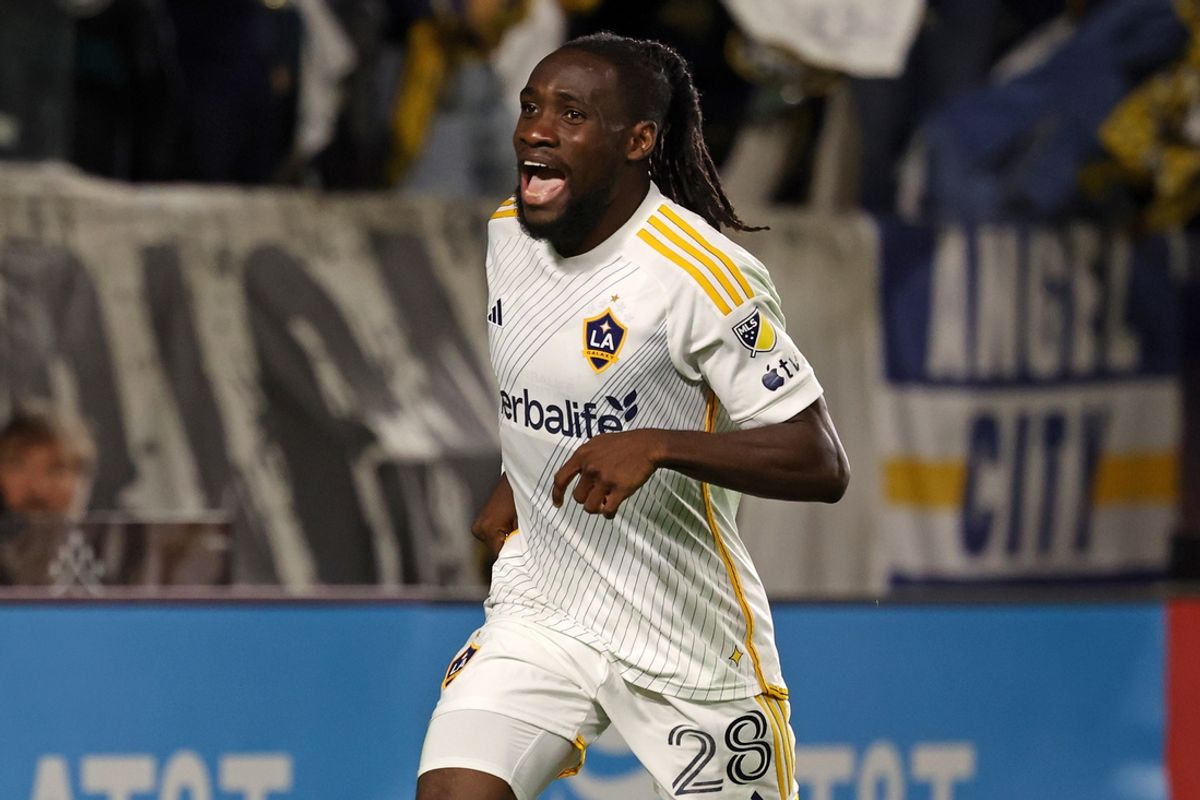 Nov 24, 2024; Carson, California, USA;  LA Galaxy forward Joseph Paintsil (28) celebrates after scoring a goal during the second half against the Minnesota United at Dignity Health Sports Park. Mandatory Credit: Kiyoshi Mio-Imagn Images