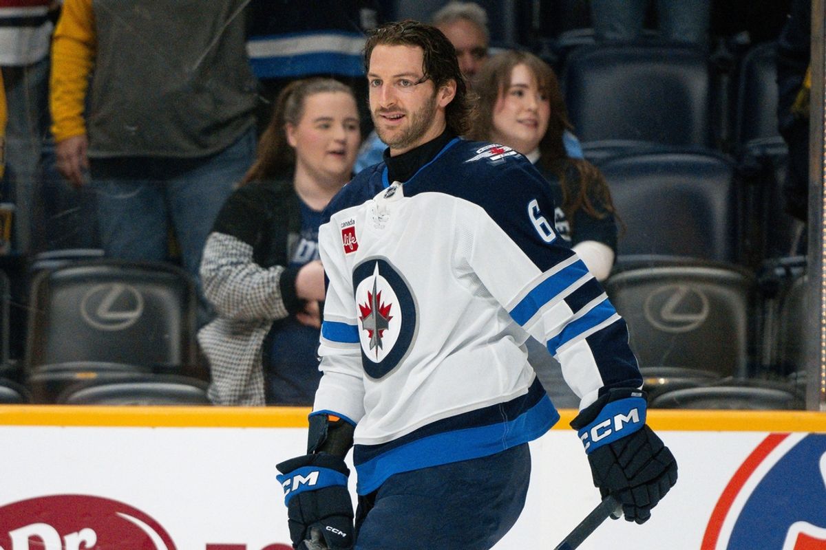 Nov 23, 2024; Nashville, Tennessee, USA;  Winnipeg Jets defenseman Colin Miller (6) warms up before a game against the Nashville Predators at Bridgestone Arena. Mandatory Credit: Steve Roberts-Imagn Images