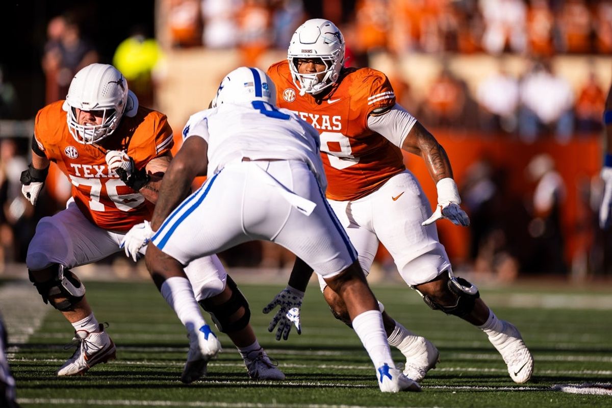 Nov 23, 2024; Austin, Texas, USA; Texas Longhorns left tackle Kelvin Banks Jr. (78) blocks Kentucky Wildcats player during the second quarter at Darrell K Royal-Texas Memorial Stadium. Mandatory Credit: Brett Patzke-Imagn Images