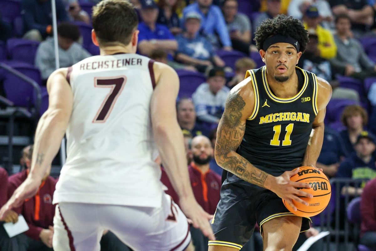 Nov 25, 2024; Fort Myers, Florida, USA; Michigan Wolverines guard Roddy Gayle Jr. (11) drives to the hoop against the Virginia Tech Hokies in the first half at Suncoast Credit Union Arena. Mandatory Credit: Nathan Ray Seebeck-Imagn Images