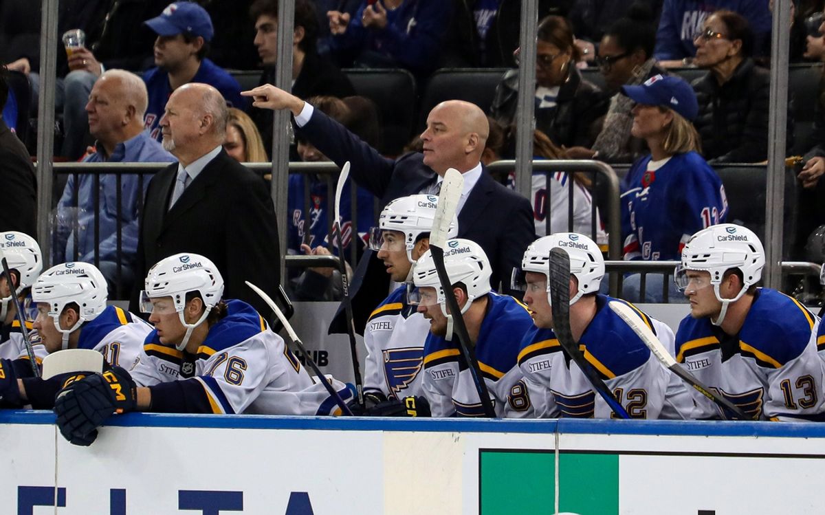 Nov 25, 2024; New York, New York, USA; St. Louis Blues head coach Jim Montgomery reacts from the bench during the first period of his first game as coach of the Blues at Madison Square Garden against the New York Rangers. Mandatory Credit: Danny Wild-Imagn Images